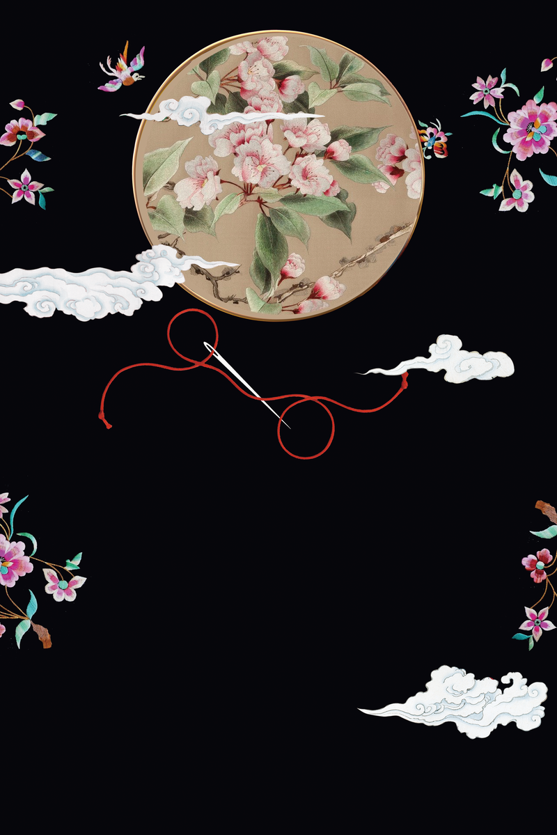 黑色中国风祥云花卉刺绣海报背景